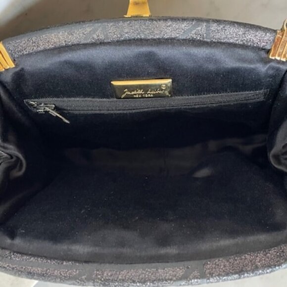 JUDITH LIEBER Vintage Minaudière Black Metallic Suede Gemstone Clasp Purse - Picture 12 of 17